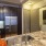 a kitchen with black cabinets